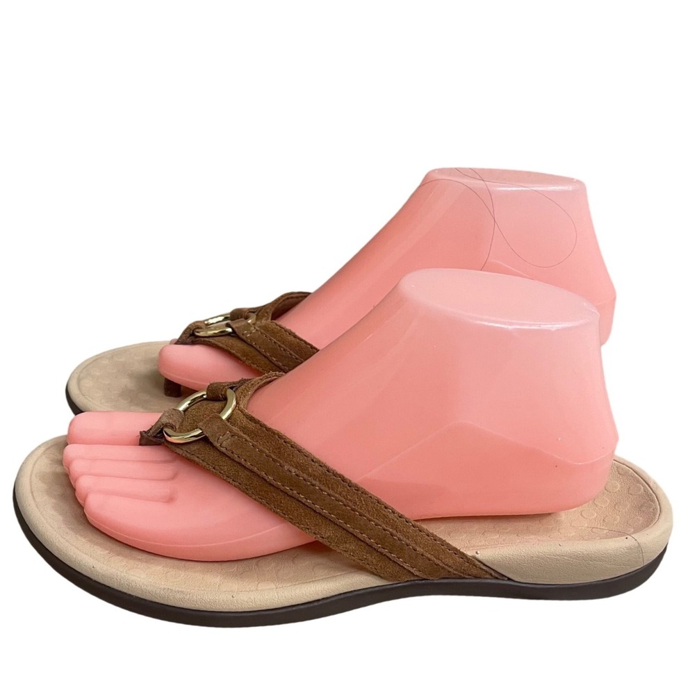 Vionic Amber Brown Suede Thong Sandals Gold Ring Orthotic Flip Flops Womens 8